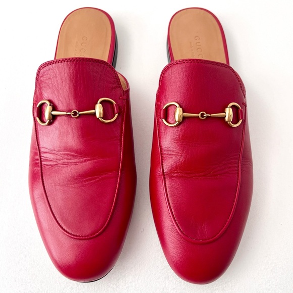 GUCCI | Princetown Horsebit Hibiscus Red Leather Mules Loafers Slippers US 9 - Picture 2 of 13